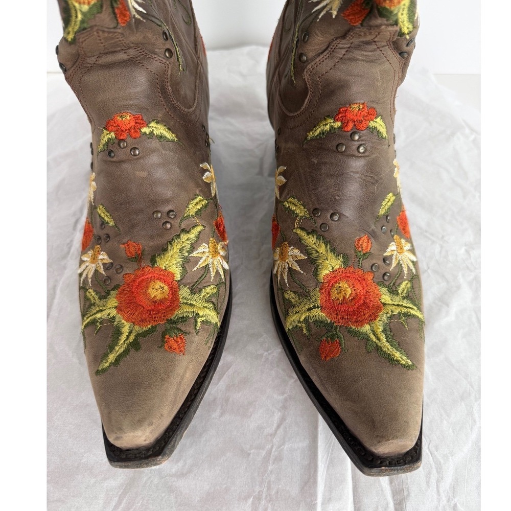 Lane Boots Western Embroidered Floral Wild Stitch Brown Leather Cowgirl 11 FLAWS - Picture 7 of 16